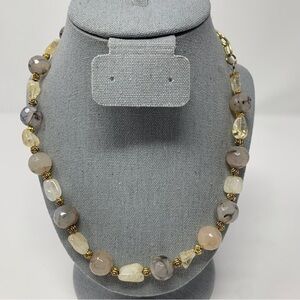 Genuine Rose Quartz Round Beaded Necklace with Rose Gold Tone Beaded Spacers 22"